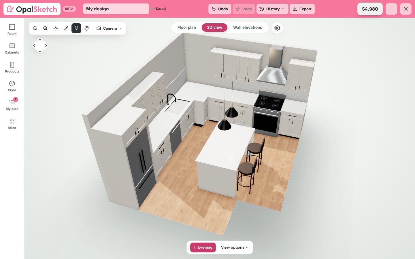 The OpalSketch 3D designer showing an L-shaped kitchen with an island