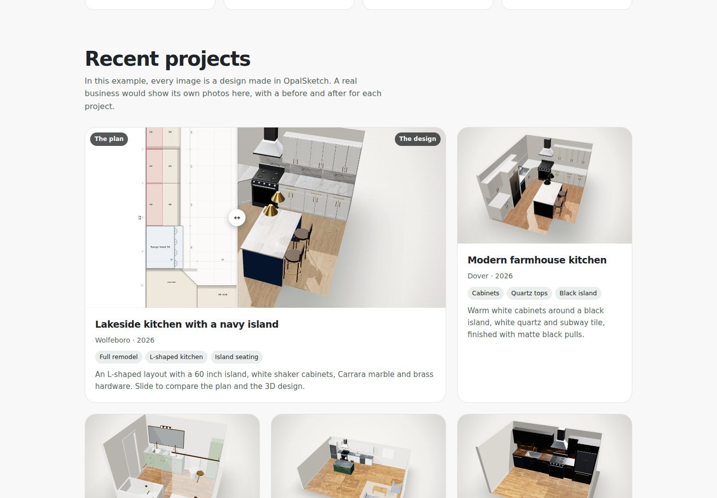 The portfolio section of the example site: project cards with a plan and design slider, place, year and scope