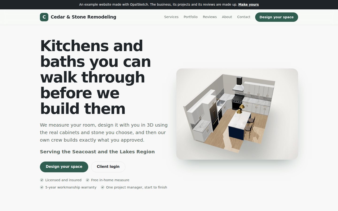 An example contractor website made with OpalSketch: a headline, a kitchen design, trust badges and a Design your space button