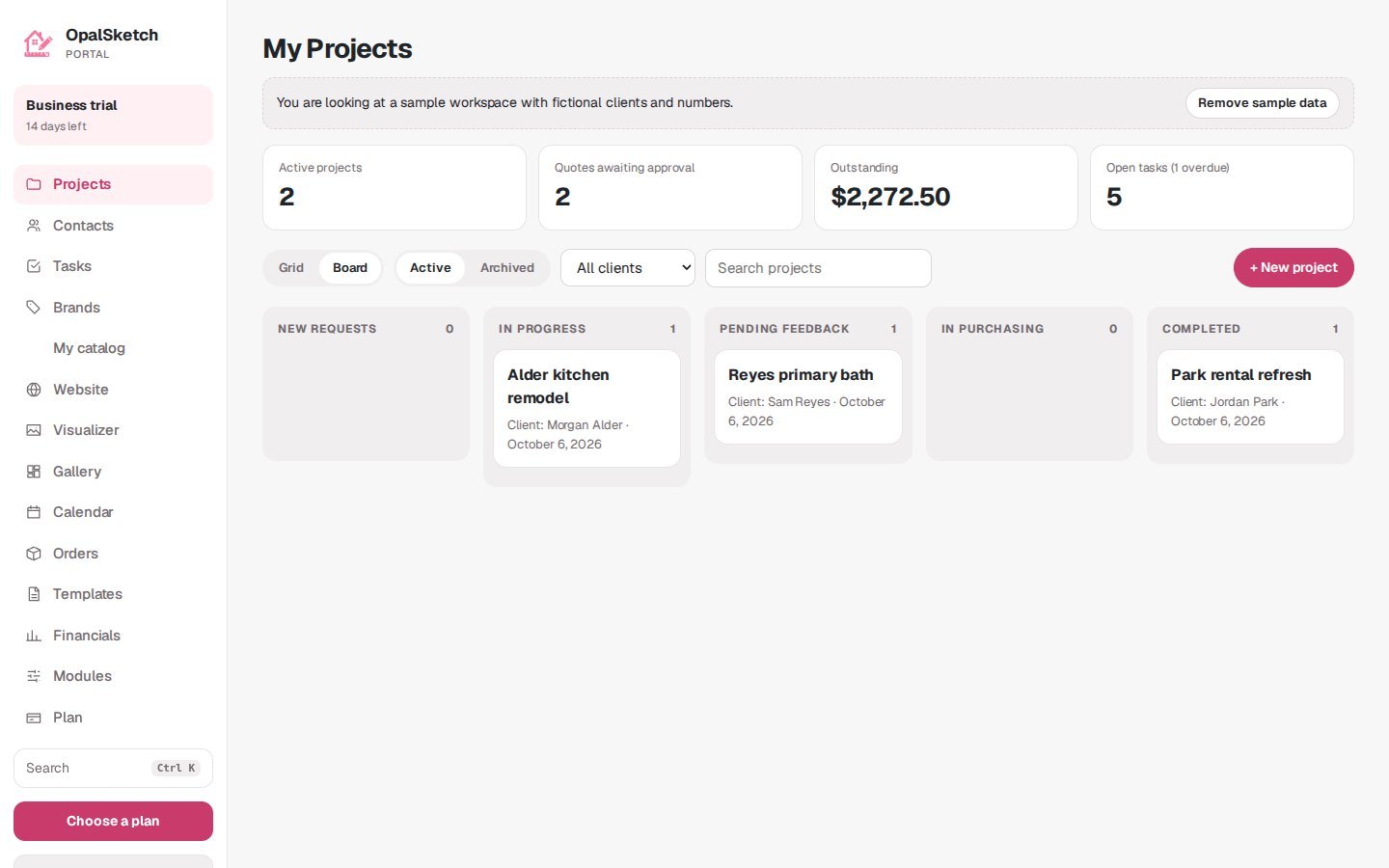 The OpalSketch portal project board with projects in five stages